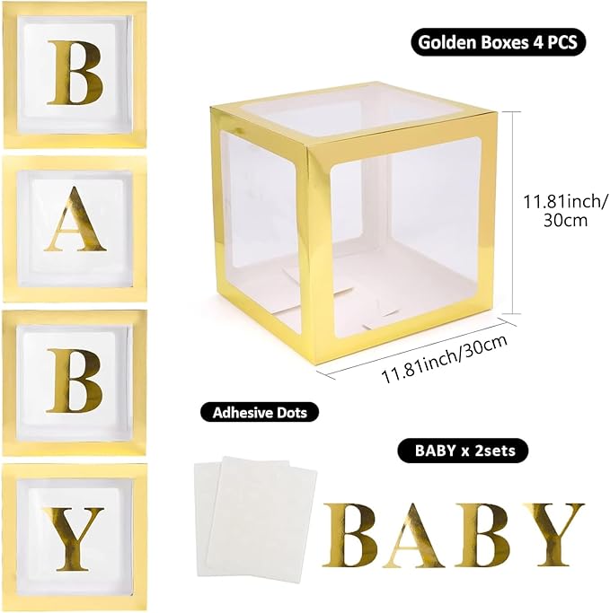 Baby Boxes with Letters for Baby Shower, 4 Transparent Balloon Boxes with Letters for Gender Reveal Birthday Wedding Baby Shower Decorations (Gold)