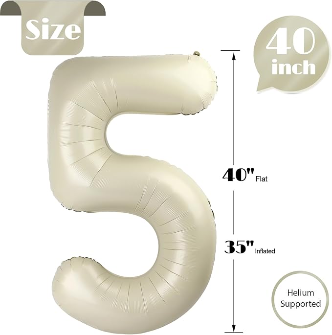 Cream Number 5 Balloon 40 Inch, 5 Balloon Number, 5th Birthday Decorations, Cream Party Supplies for Boys Girls