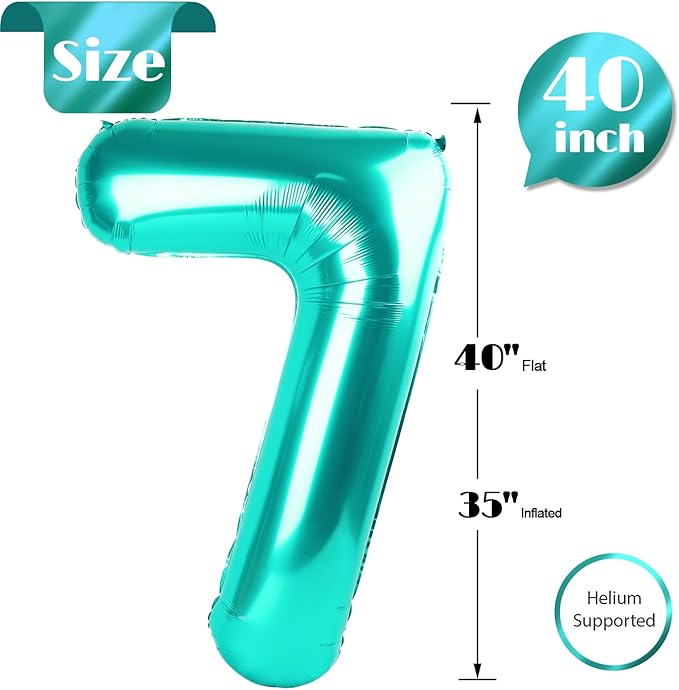 Teal Number 7 Balloon 40 Inch, 7 Balloon Number, 7th Birthday Decorations, Teal Party Supplies for Boys Girls
