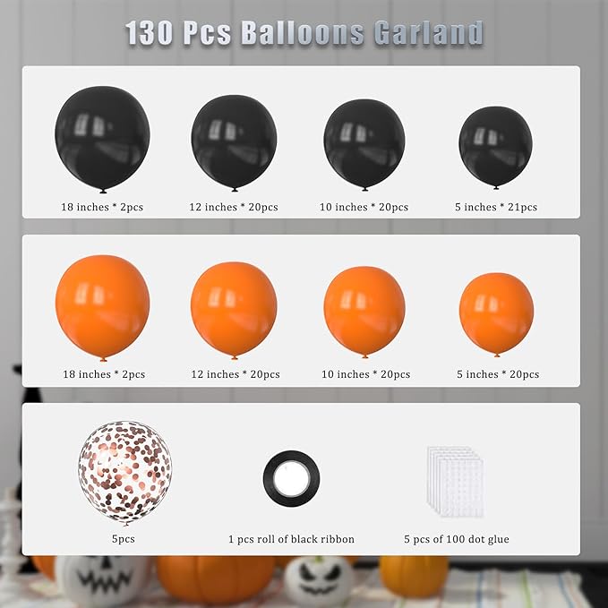 Orange And Black Balloons Arch Kit,130 Pcs Rose Gold Confetti Balloons Garland for Easter Birthday Halloween Birthday Party Decoration