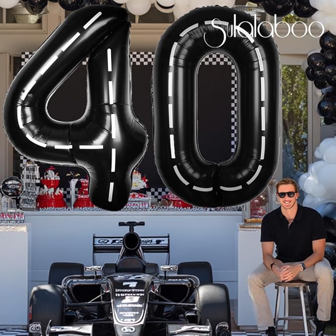 Race Car 40Inch Black 40 Balloon Number Large Helium Race Track 0-9 Giant Digital 40th Foil Mylar Big Party Number Balloons for Boy Birthday Car Theme Party Anniversary Graduation Decorations