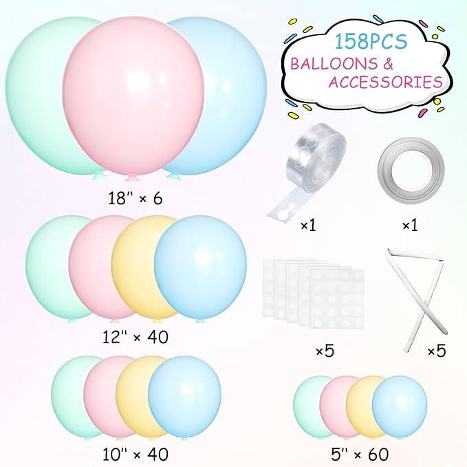 Pastel Balloon Garland Arch Kit, 146Pcs Macaron Pink Blue Green Yellow Latex Balloons Different Sizes 18 12 10 5 Inch for Gender Reveal Baby Shower Wedding Birthday Party Decoration