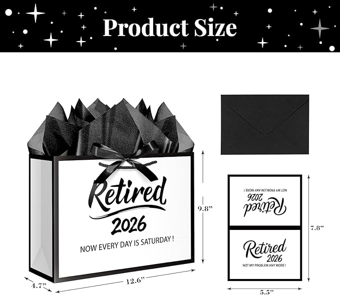 JWSCYSY 12.6" Retired 2026 Gift Bag with Tissue Paper, White and Metallic Black Retirement Gift Bag with Greeting Card for Men Women Retirement Party Decorations Supplies.