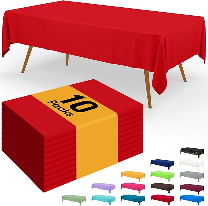 Smiry Disposable Table Cloth - 10 Pack, 54 x 108 Inch Waterproof Rectangle Tablecloths for Parties, Decorative Plastic Table Cover, Leakproof & Sturdy, Red