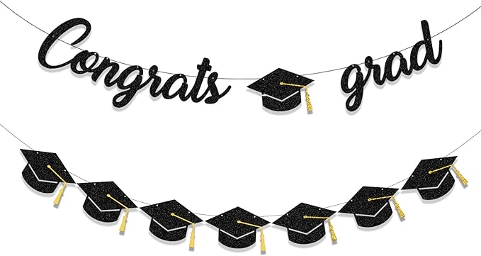 Graduation Decorations Class of 2026 Party Supplies - Congrats Grad Banner and Graduation Cap Banner (Pre-Strung)