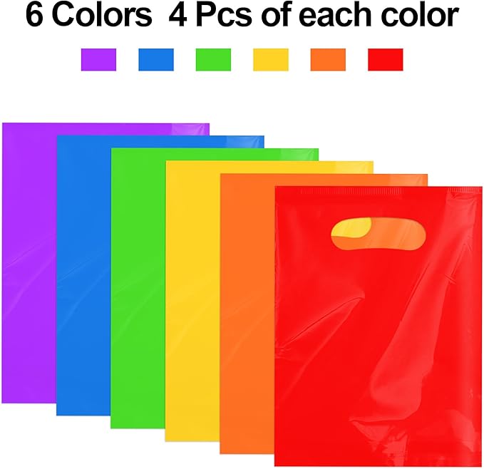24 PCS Plastic Party Favor Small Gift Bags, 6"x8" Goodie Bags for Kids, Candy Treat Pouches Bulk with Handle for Kids' Birthday Party, Thanksgiving, Christmas, Halloween, 6 Colors