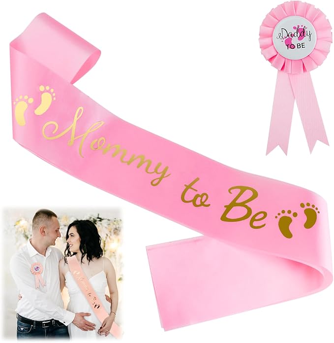 2 Pcs Baby Shower Decorations, Mommy to Be Sash and Daddy to Be Badge Set, It's a Themed Party Supplies for Baby Shower and Gender Reveal Decoracion (Pink 2 Pcs)
