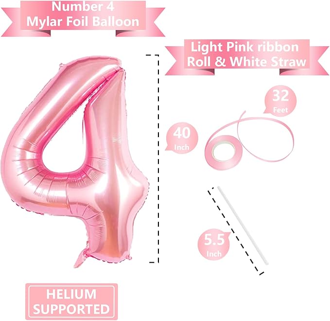 Number Balloons Pink Party Balloon - Giant Number 4 Balloon, 40 Inch Large Balloon, Birthday Decorations for Women, Birthday Balloon for Anniversary Baby Shower Princess Party Decorations