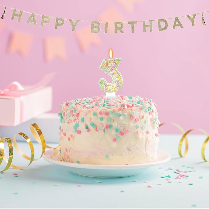 Birthday Candles - Number 3 Candle, Colorful Macaron Candles for Boys/Girls, Green Cake Decorations, Dinosaur Themed Party Supplies