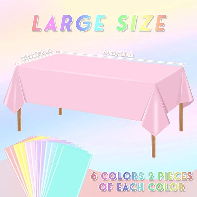 mwellewm 12 Packs Easter Tablecloth Party Decorations Pastel Table Cloths Plastic 54x72 Inch Rainbow Tablecloth Disposable Rectangle Table Cover for Birthday Baby Shower Wedding Princess Ice Cream