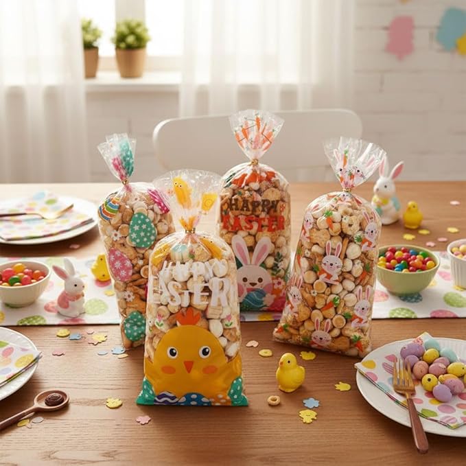 100 PCS Easter Cellophane Bags(5x11 Inch) with Ties for Candy Goodie Treat Snack Goody Cookie Small Gifts Wrap Plastic Ziplock Bag Baggies Pouch Easter Party Favors Supplies Decorations Table Decor