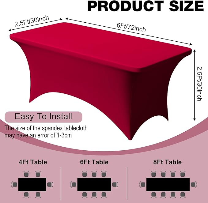 Trlyc 1 Pack 6FT Spandex Table Cloth - 72 x 30 Inch Rectangular Stretch Tablecloth, Wrinkle Resistant Scretch Table Cover for Wedding, Party, Banquet, Picnic, Outdoor Decoration (1Pcs,Burgundy)