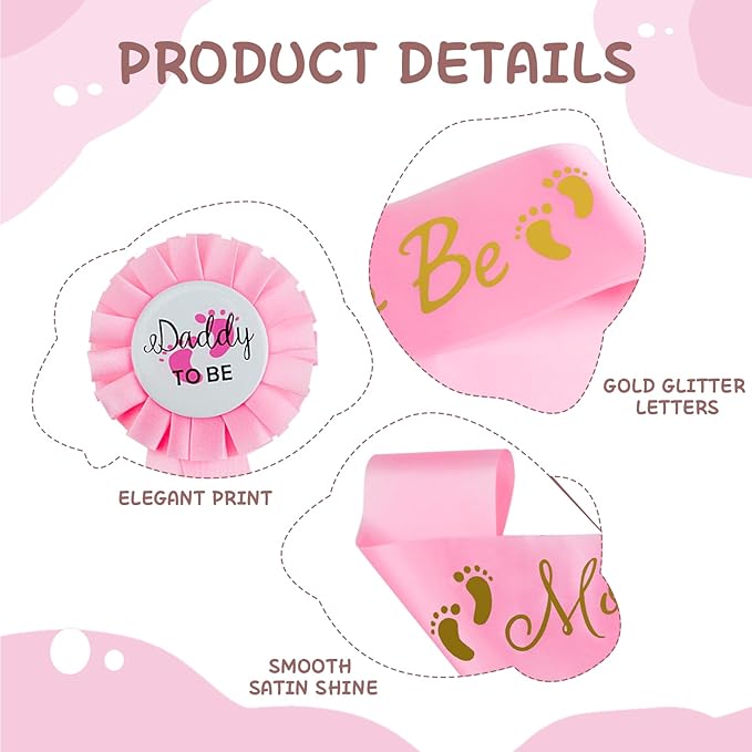 2 Pcs Baby Shower Decorations, Mommy to Be Sash and Daddy to Be Badge Set, It's a Themed Party Supplies for Baby Shower and Gender Reveal Decoracion (Pink 2 Pcs)
