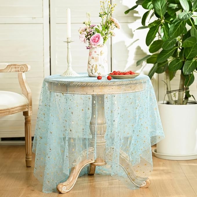 Horaldaily Blue Gold Sparkling Star Gauze Tablecloth 60x84 Inch Rectangular, Golden Star Sequin Glitter Metallic Foil, Sheer Tulle Cheesecloth for Wedding Baby Shower Party
