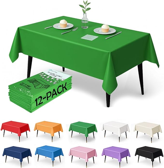 Craft And Party 12-Pack Hunter Green Plastic Tablecloths – 54 x 108 Inch Disposable Table Covers for Rectangle Tables, Heavy Duty & Waterproof for Parties, Events, Banquets, Hunter Green