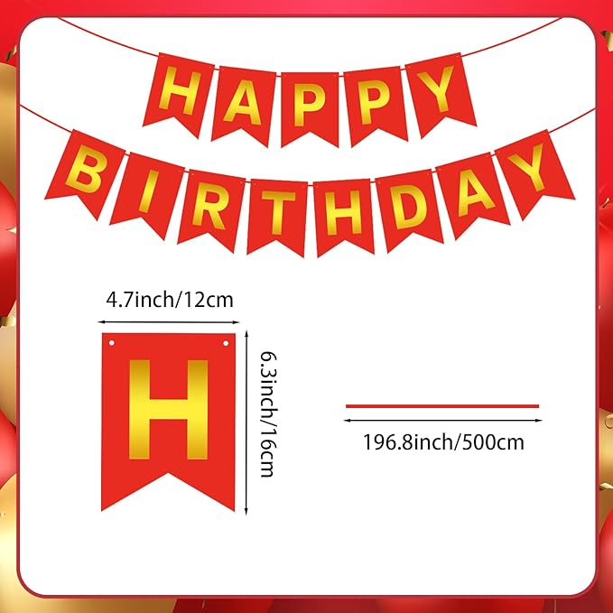 Red Gold Happy Birthday Banner Sign Happy Birthday Bunting Banner Garland for Kids Girl Woman Birthday Tea Party Decorations Bunting Flag Birthday Party Supplies