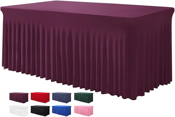 Table Skirts for Rectangle Tables 8ft - One-Piece Burgundy Tablecloths and Skirt, Wrinkle Resistant Ruffles Elastic Cover for Banquets, Weddings, Events, Parties