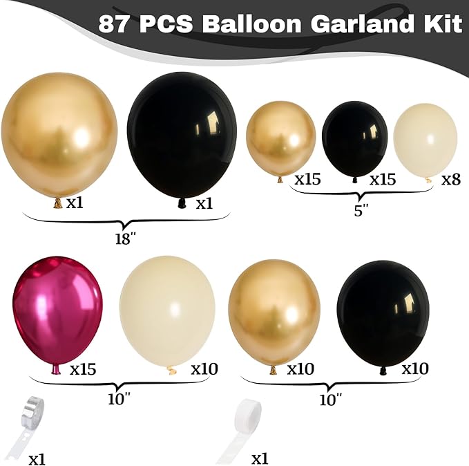Graduation Balloon Arch Garland Kit, Double Stuffed Metallic Hot Pink and Gold Black White Sand Fuchsia Latex Party Balloons for Girls Women Birthday Wedding Baby Shower Party Decorations
