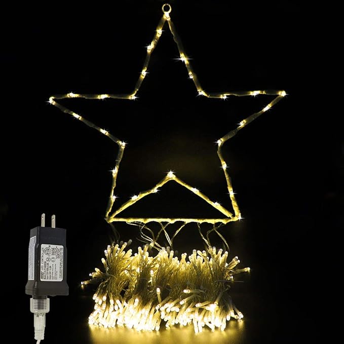 Christmas Decoration Star Lights Outdoor, 320 LED 16.4Ft Christmas Tree Toppers String Lights [8 Modes& Waterproof] for Halloween Christmas New Year Holiday Birthday (Iron-Warm White)