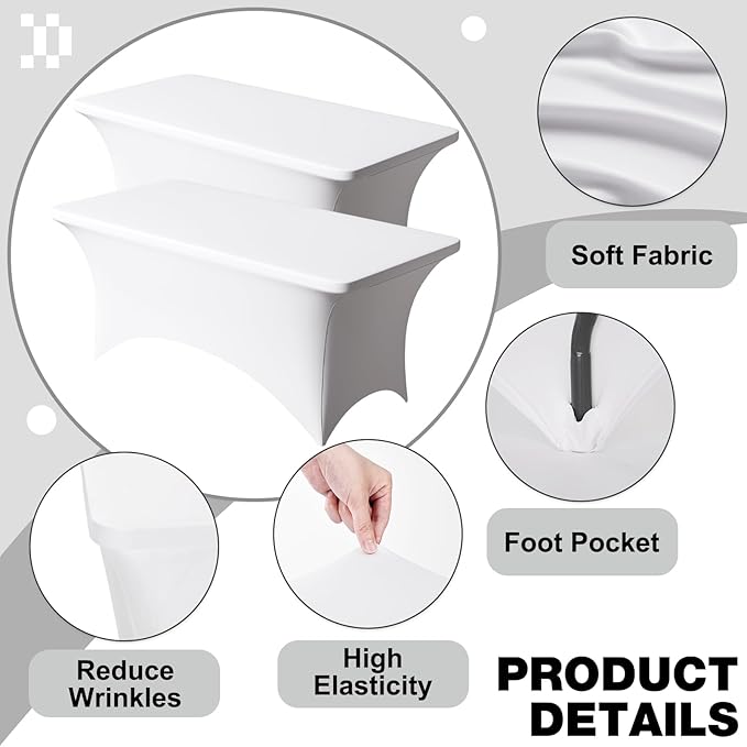 Trlyc 2 Pack 8FT Spandex Table Cloth - 96 x 30 Inch Rectangular Stretch Tablecloth, Wrinkle Resistant Scretch Table Cover for Wedding, Party, Banquet, Picnic, Outdoor Decoration (2Pcs,White)