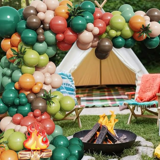 Camping Balloon Arch Kit, Dark Sage Green Orange and Brown Latex Balloons with Campfire Foil Balloon, 157Pcs for Camping Forest Jungle Safari Woodland Birthday Party Decorations