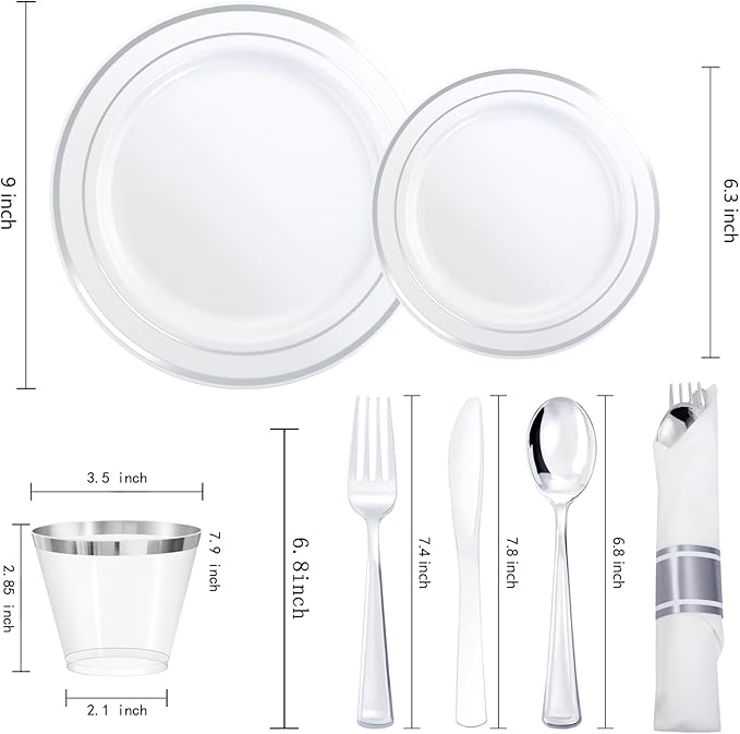 350Piece Silver Plastic Dinnerware Set for 50 Guests - Silver Plastic Plates with Cutlery Include:50Dinner Plates-50Dessert Plates-50Pre Rolled Napkins with Silverware Party Wedding