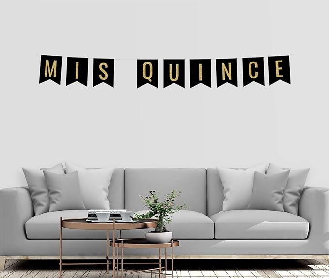 Andaz Press Faux Gold Glitter on Black Birthday Party Banner Decorations, Mis Quince, Approx 5-Feet, 1-Set, Quinceanera 15th Birthday Colored Hanging Pennant Decor
