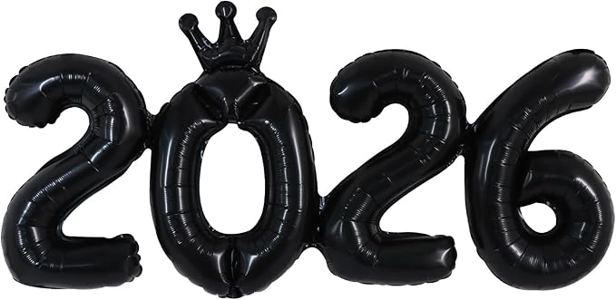 TONIFUL 2026 Black Crown Foil Number Balloons 16 Inch Black Number Banner 2026 Graduation Aluminum Foil Mylar Balloons for New Year Eve Christmas Anniversary Party Supplies