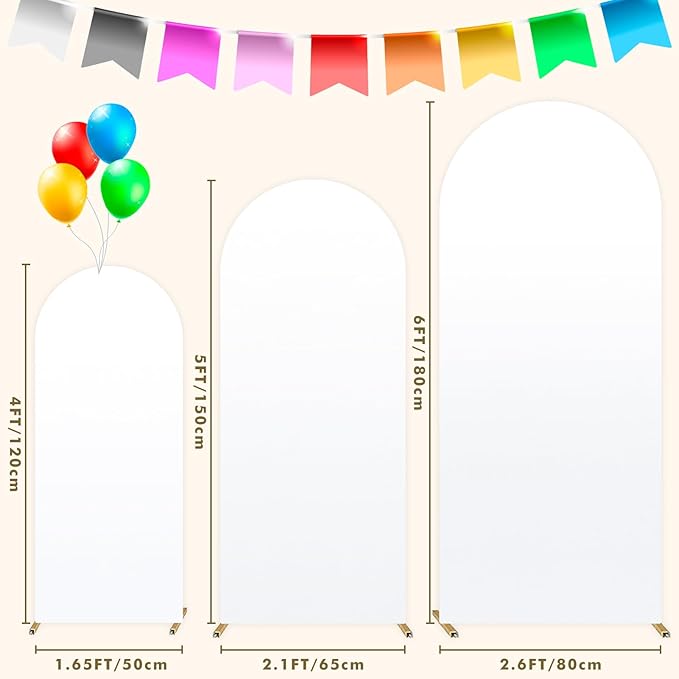 Dofilachy Arch Backdrop Cover - Stretchy Fabric for Wedding Arch Stand, Set of 3 Spandex Covers (4FT, 5FT, 6FT, White)