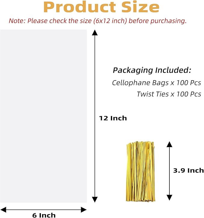 Yotelab Cellophane Bags, 6x12 Inches Clear Cellophane Treat Bags With Twist Ties, 100 PCS