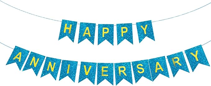 Happy Anniversary Banner Balloons Wedding Love Party and Background Indoor Outdoor Decorations (Glitter Blue)