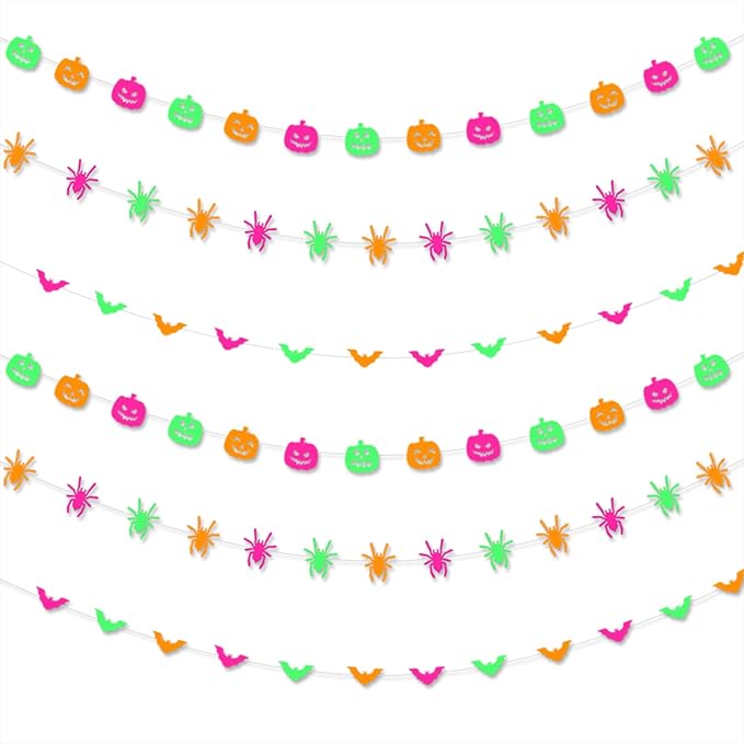 Halloween Party Decorations Neon Banner - 3pcs Glow in The Dark Paper Pumpkin Bats Spiders Hanging Swirls Streamers,Window Fireplace Room Ceiling Garland, Baby Shower Birthday Supplies Decor Panduola