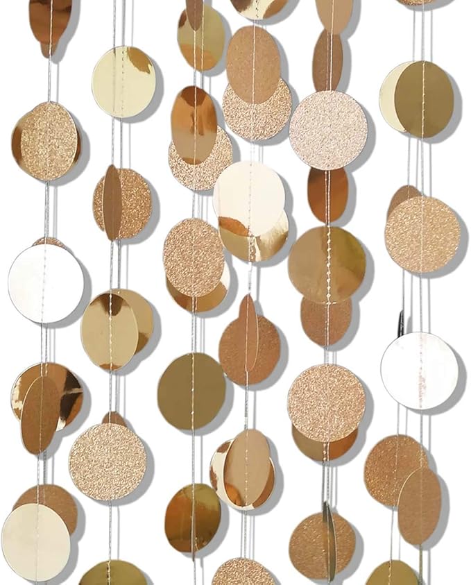 6 Pcs Glitter Champagne Gold Paper Circle Dots Garland (52 Feet) Party Hanging Bunting Birthday Party Decorations Engagement Party Bridal Shower Wedding Baby Shower Christmas Supplies Photo Backdrop