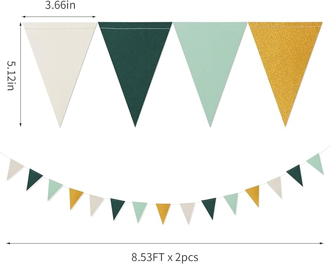 Sage Green Ivory Gold Pennant Banner,2 Pack Paper Triangle Flags,Baby Bridal Shower Safari Jungle Birthday Tropical Party Decorations Wedding Bachelorette Engagement Bunting Lasting Surprise