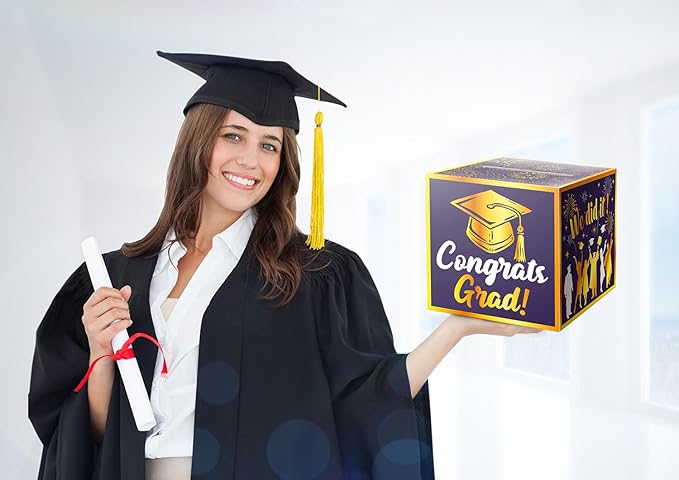 JWSCYSY Graduation Card Box Holder, Congrats Grad Foldable Cardboard Decorations Box for Graduation Party Favors Decor Party Supplies (Purple Gold)