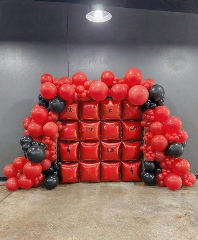 50pcs Red Square Foil Balloons Wall Backdrop with 79pcs Red Balloon Garland Arch Kit, Double Sided Balloon Tunnel for Birthday Anniversary Wedding Engagement Baby Shower Valentine's Decorations