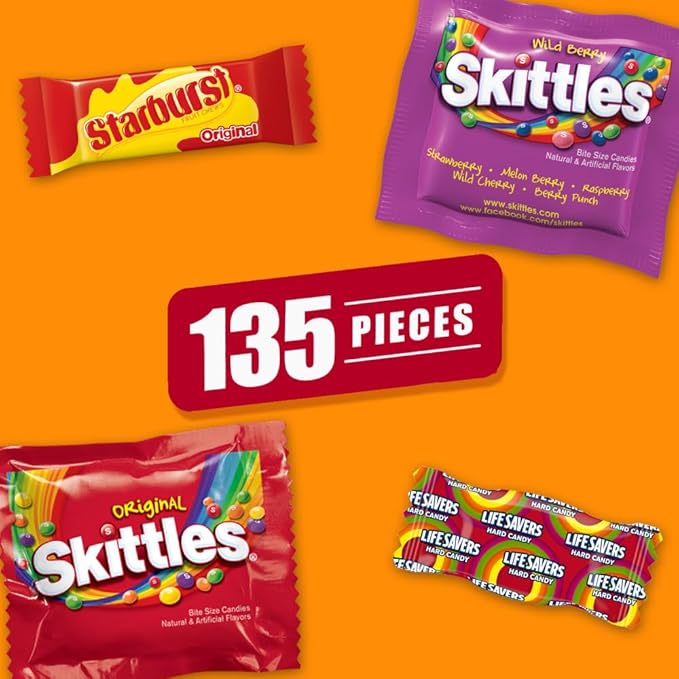 SKITTLES Original,SKITTLES Wild Berry STARBURST & LIFE SAVERS Hard Candy Fun Size Fruity Candy Assortment,135 Ct Bulk Bag,(Pack of 2)