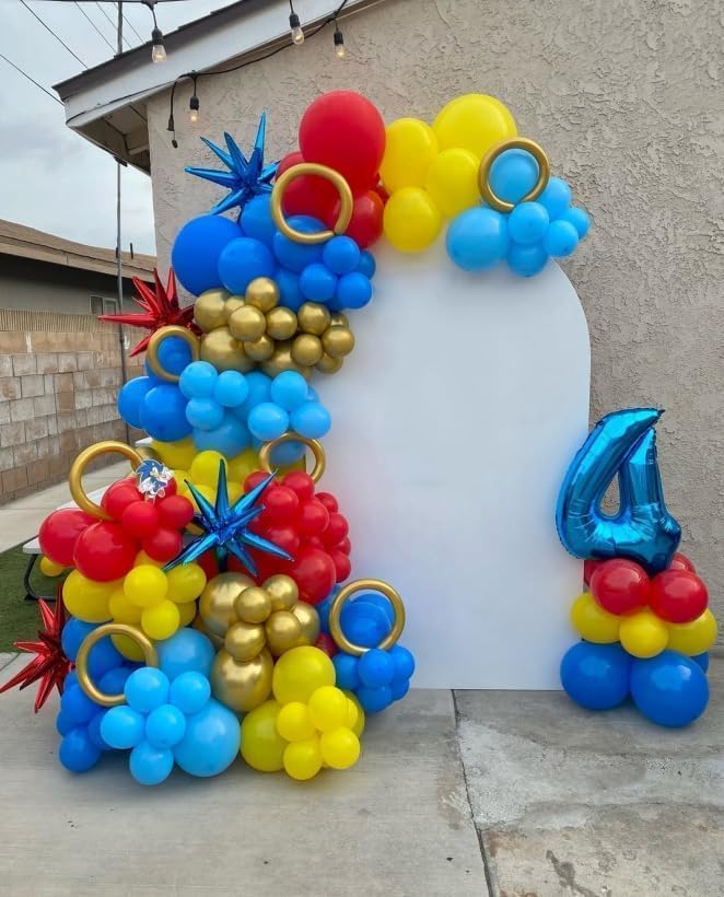 Red Blue Yellow Balloon Garland Arch Kit - 161Pcs Cartoon Hedgehog Theme Primary Color with Gold Circle Explosion Star Foil Balloons for Boys Kids Carnival Circus Birthday Party Decorations