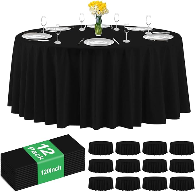12 Pack Premium Black Plastic Table Cloth -120 Inch Round Tablecloth, Disposable Tablecloth Plastic Table Cover for Parties (12, Black, 120" Round)