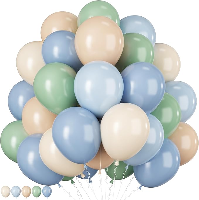 Sage Green Dusty Blue Balloons, 12 Inch Retro Slate Light Blue Olive Green White Sand Beige Nude Eucalyptus Latex Balloon for Boho Rabbit Birthday Wedding Toy Baby Shower Woodland Party Decor