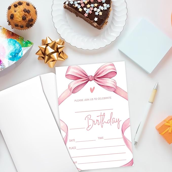 Pink Bow Birthday Invites Cards Party Invitation Cards for Girls Kids Adults Party Invitations 4x6 Inch Blank Invitations with Envelopes 20 Pcs Double Sided Invitation Card for Girls Birthday YT0080