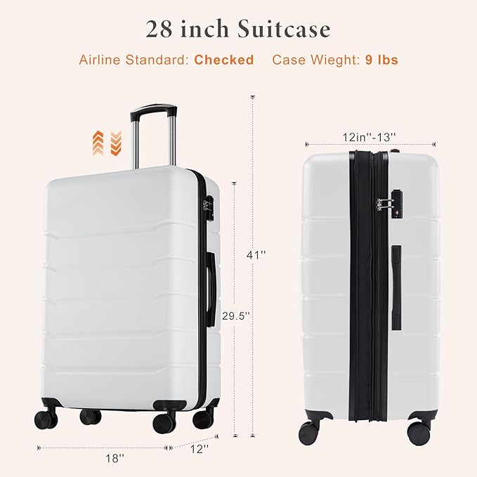 Sweetcrispy Carry on Suitcase, Luggage with Spinner Wheels, Hard Shell ABS, TSA Lock, 28 Inch White