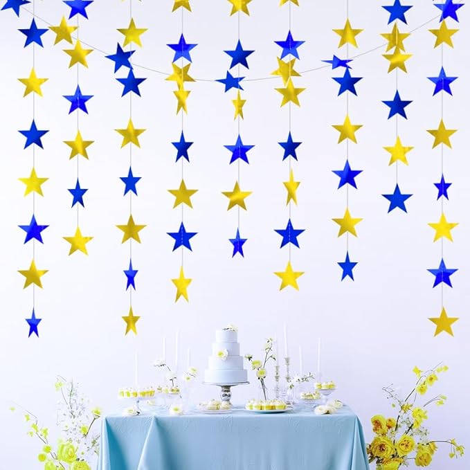 Blue Gold Shining Star Hanging Garland Blue Gold Hanging Sparkling Star Streamer Glitter Bunting Banner Twinkle Backdrop for Wedding Baby Shower Birthday Christmas Decorations 40 Feet