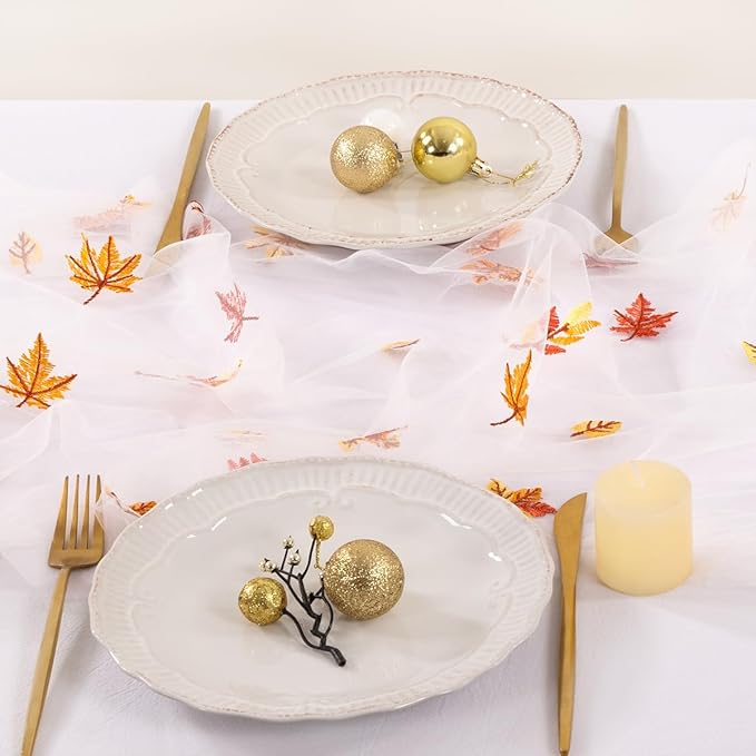 Socomi 3pcs Falll Thanksgiving Table Runner Maple Leaf Tulle Gauze Cheesecloth Embroidery Sheer Table Runners for Wedding Party Baby Shower Birthday Holiday Picnic Home Decor