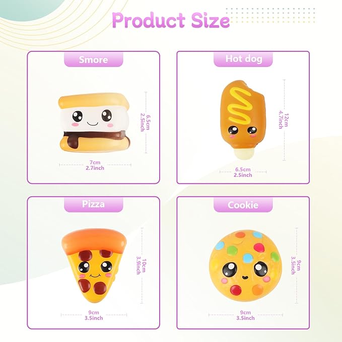 4 Pcs Slow Rising Food Toys for Kids, Kawaii Foam Squishy Toys in Smore Bread Hot Dog Pizza Cake Stress Relief Squeeze Toy for Holiday Carnival Goodie Bag Stuffers