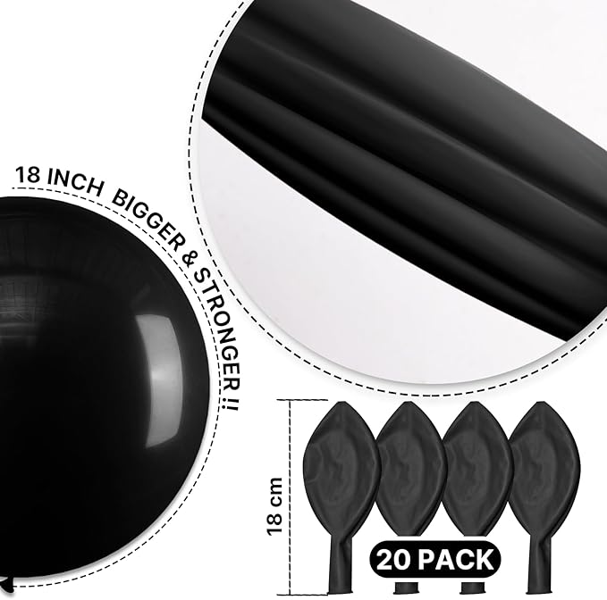 PartyWoo Black Balloons 20 pcs 18 Inch Latex Helium Matte Black Balloons for Baby Shower Birthday Graduation Casino Gaming Anniversary Retirement Pirate Race Car Theme Party Decorations Black-Y18