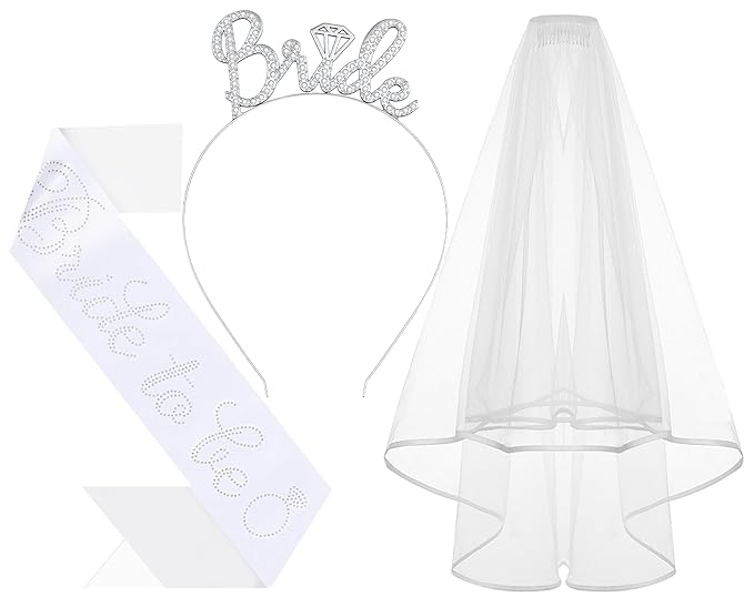 3Pcs Bride to Be Headband with Sash and Veil for Bachelorette Party Decorations, Bridal Shower Accessories for Gift, Favors