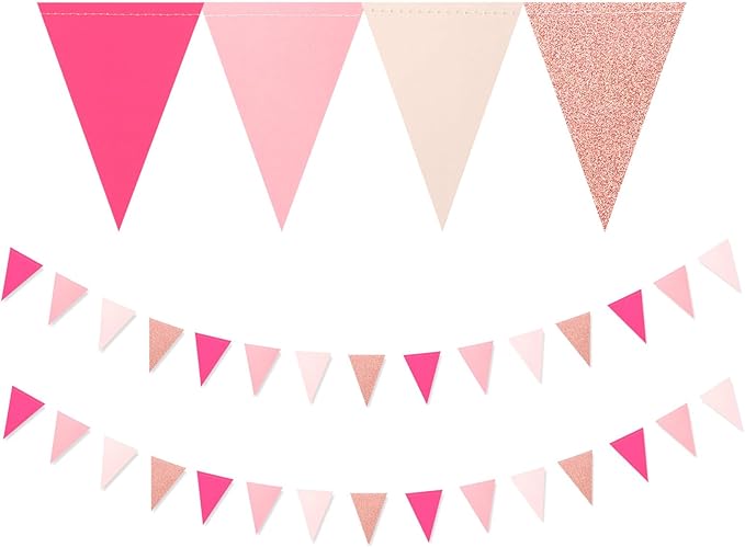 Hot-Pink Rose-Gold Party Decorations Banner - 2pcs Wedding Bridal Shower Hanging Paper Pennant Flags Streamers,Baby Girl Birthday Bachelorette Engagement Mohters Decor Lasting Surprise