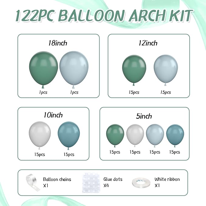 Blue and Green Balloon Arch Kit,122Pcs Sage Green Dusty Blue Matte Neutral Balloons for Boho Wedding Bachelor Party Bridal Baby Shower Engagement Anniversary Graduation Birthday Decorations