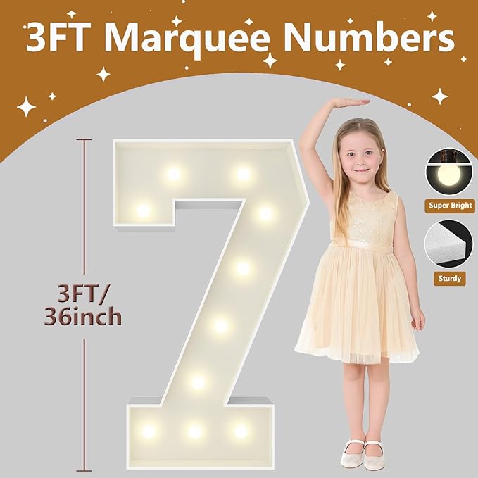 3FT Marquee Light Up Numbers, Giant Marquee Numbers, Pre-cut DIY Foam Board Number 7 for 17th Birthday Decor for Girls, 70th Anniversary Decor, Balloon Arch Kit